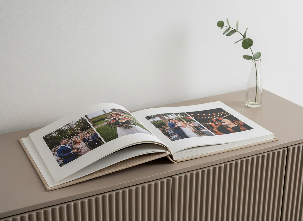 An open, linen-bound photo album with thick, creamy matte pages fanned out gracefully, displaying vividly detailed wedding and event images. The album is positioned on a structured, neutral-toned sideboard beside a minimalist glass vase with a single eucalyptus stem. Overhead, soft studio lighting provides consistent, even illumination, subtly highlighting the high-quality paper textures and crisp image details. The scene conveys an atmosphere of quiet sophistication and artistry, captured from a slightly elevated angle, with balanced composition and a sharp focus throughout. The overall style is clean, professional, and perfectly tailored to reflect depth and storytelling in creative photography.